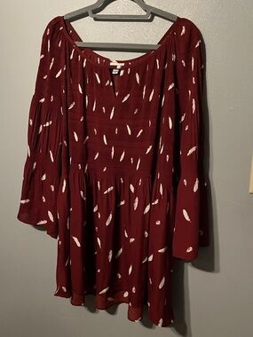 Avenue Wine Red Dress with White Feather Motif
